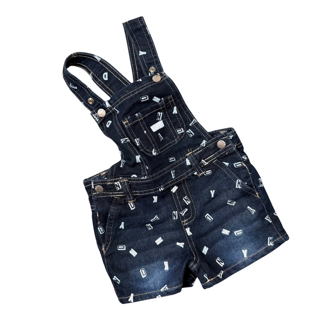 DKNY Toddler Girls Denim Shortalls Overalls Blue All Over Logo Print Size 3T
